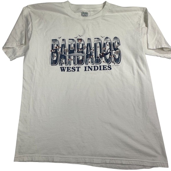 Vintage Ganzee Barbados West Indies Tee Unisex L White Graphic Print Tropical - Picture 1 of 14